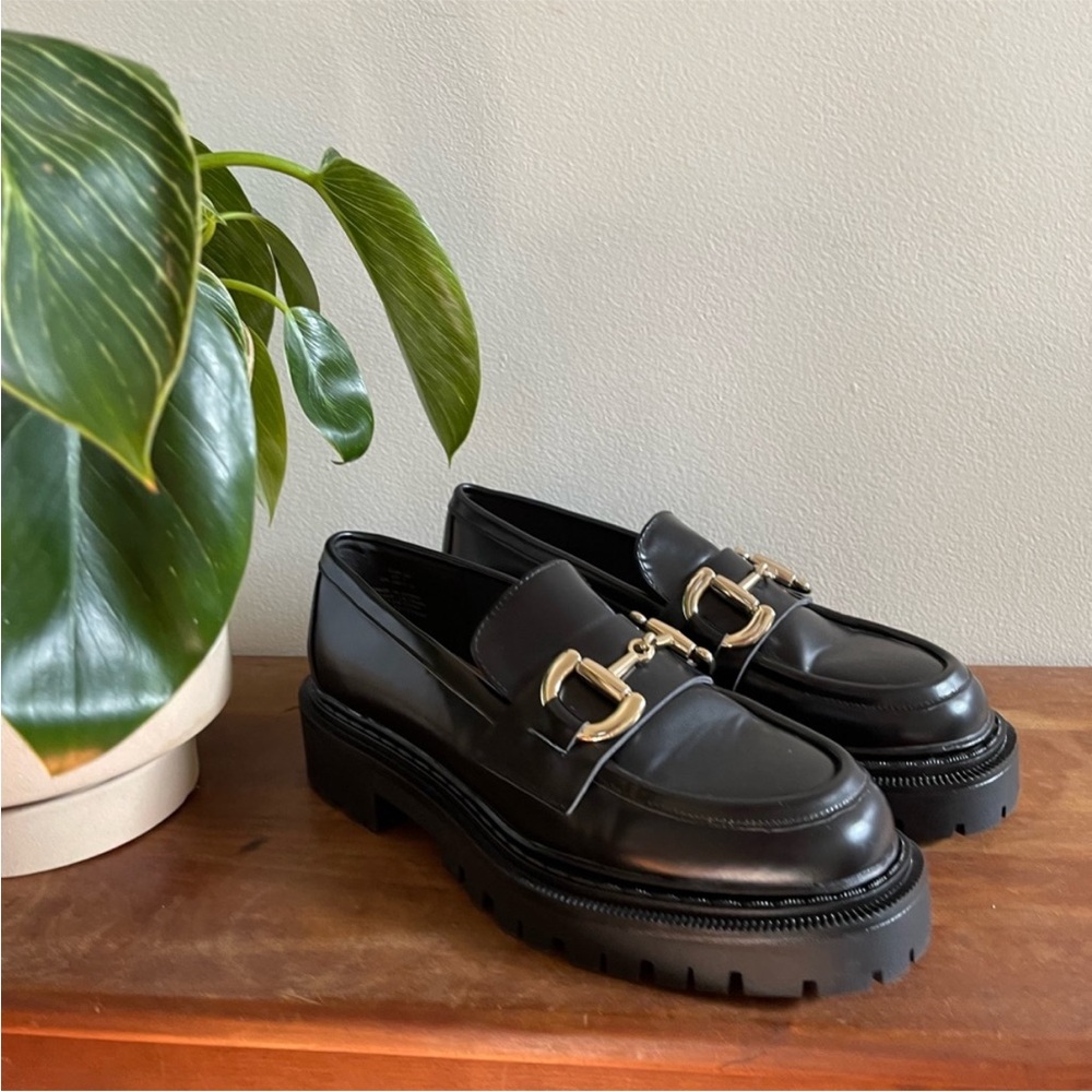 H&M Black Leather Loafers with Gold Buckle Detail